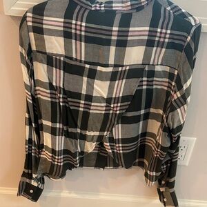 Lulu's Green and Pink Plaid Open Back Button-Down Shirt